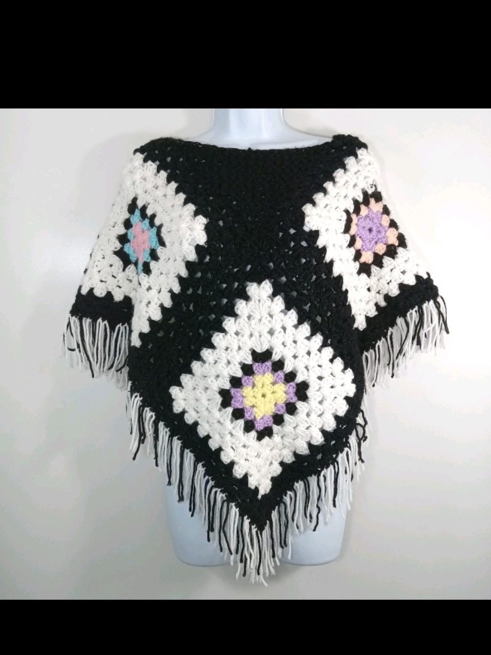 Vtg Handmade Black and White Crochet Fringe Poncho with Pastel Accents